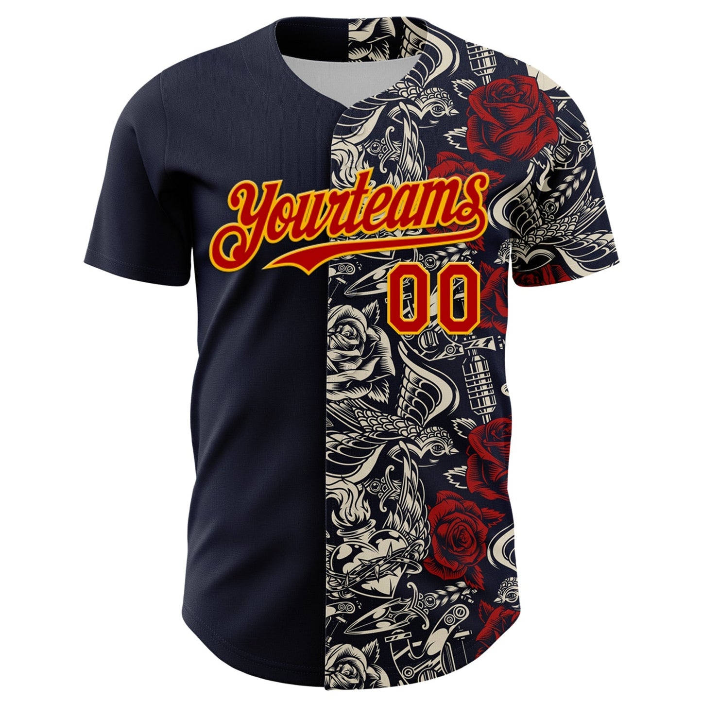 Custom Navy Red-Gold 3D Pattern Design Vintage Tattoos Authentic Baseball Jersey baseball jersey product view 2