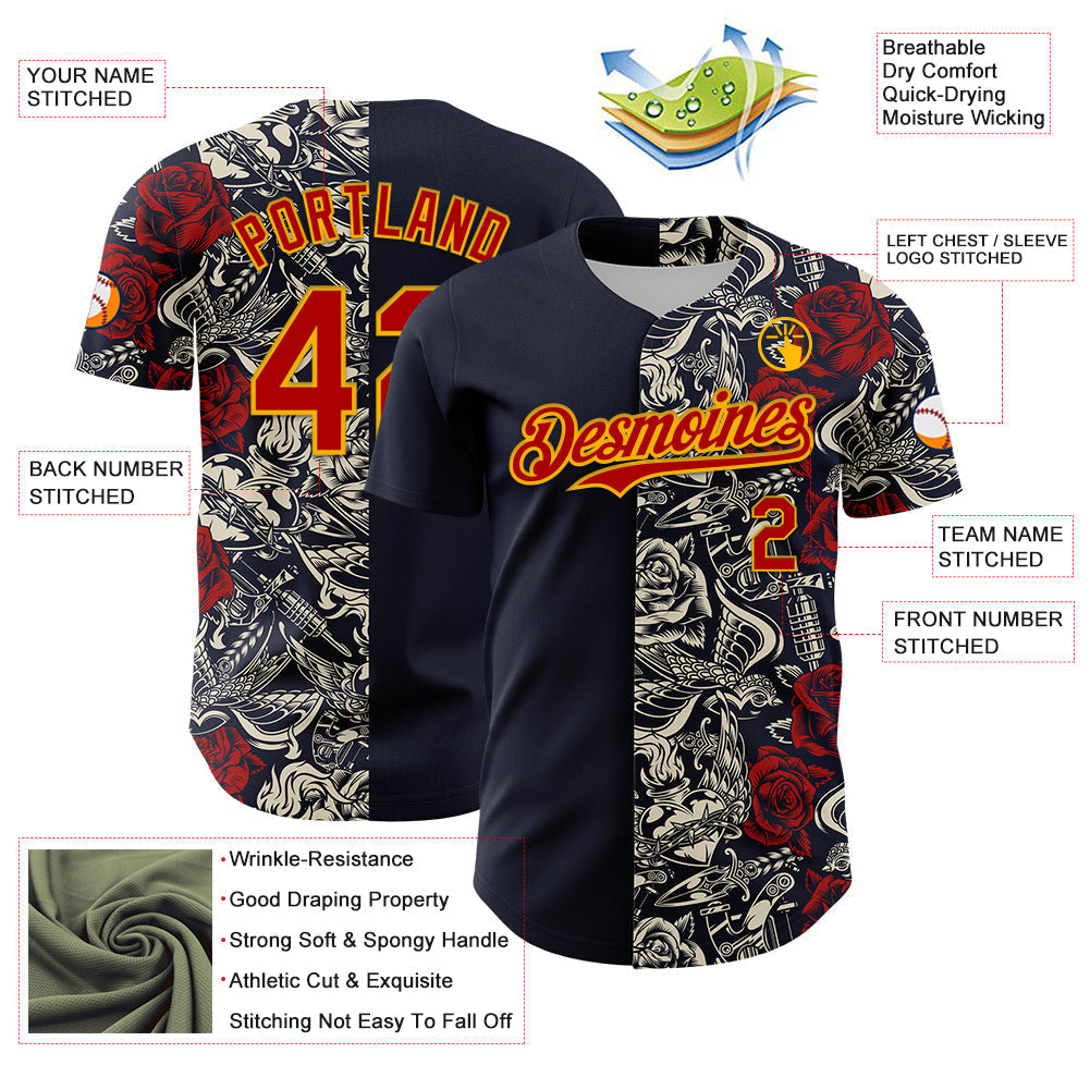 Custom Navy Red-Gold 3D Pattern Design Vintage Tattoos Authentic Baseball Jersey baseball jersey product view 3