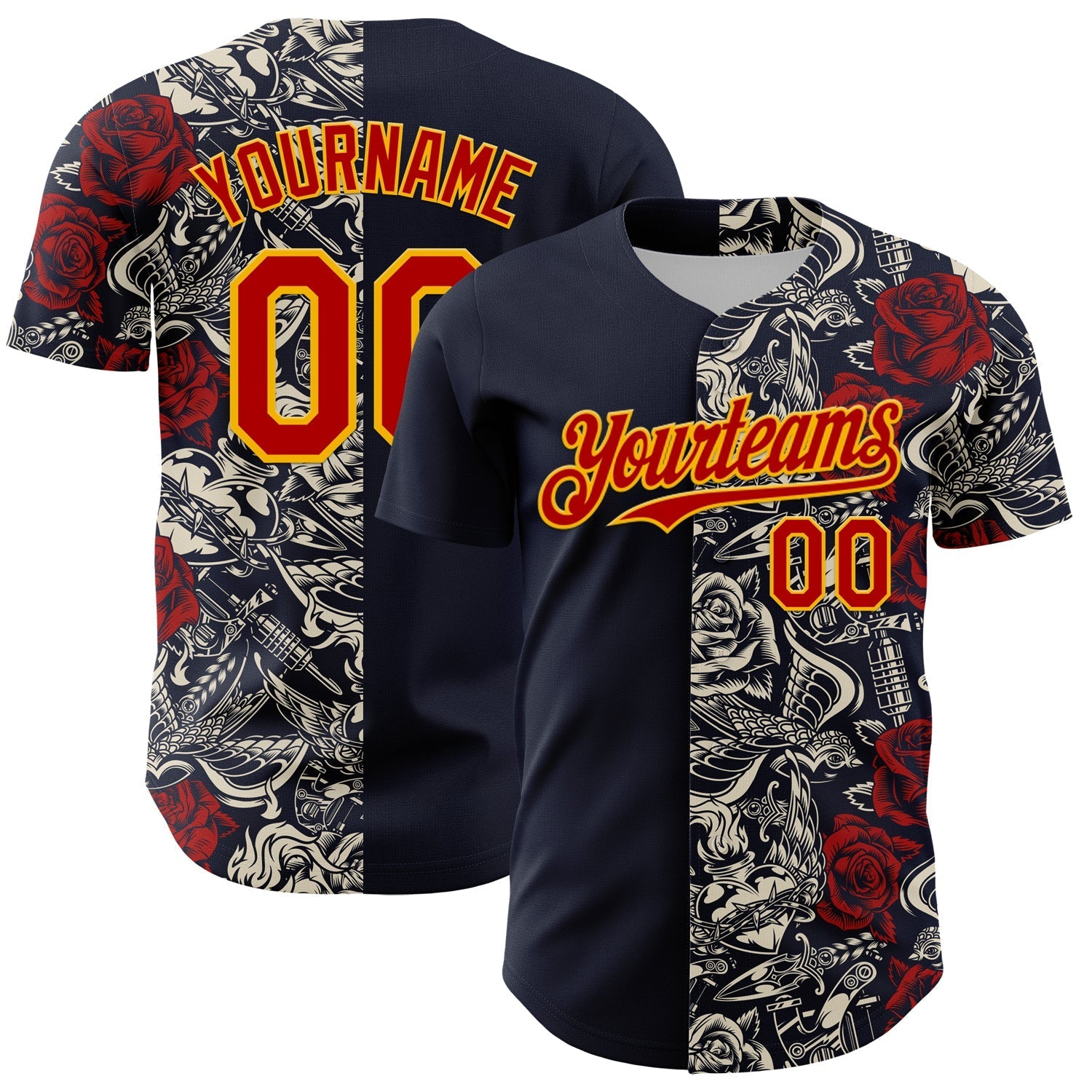 Custom Navy Red-Gold 3D Pattern Design Vintage Tattoos Authentic Baseball Jersey baseball jersey product view 1