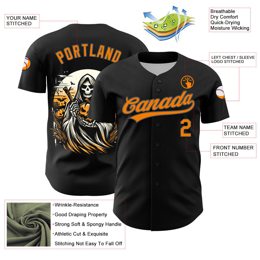 Custom Black Bay Orange-Steel Gray 3D Halloween Authentic Baseball Jersey baseball jersey product view 3