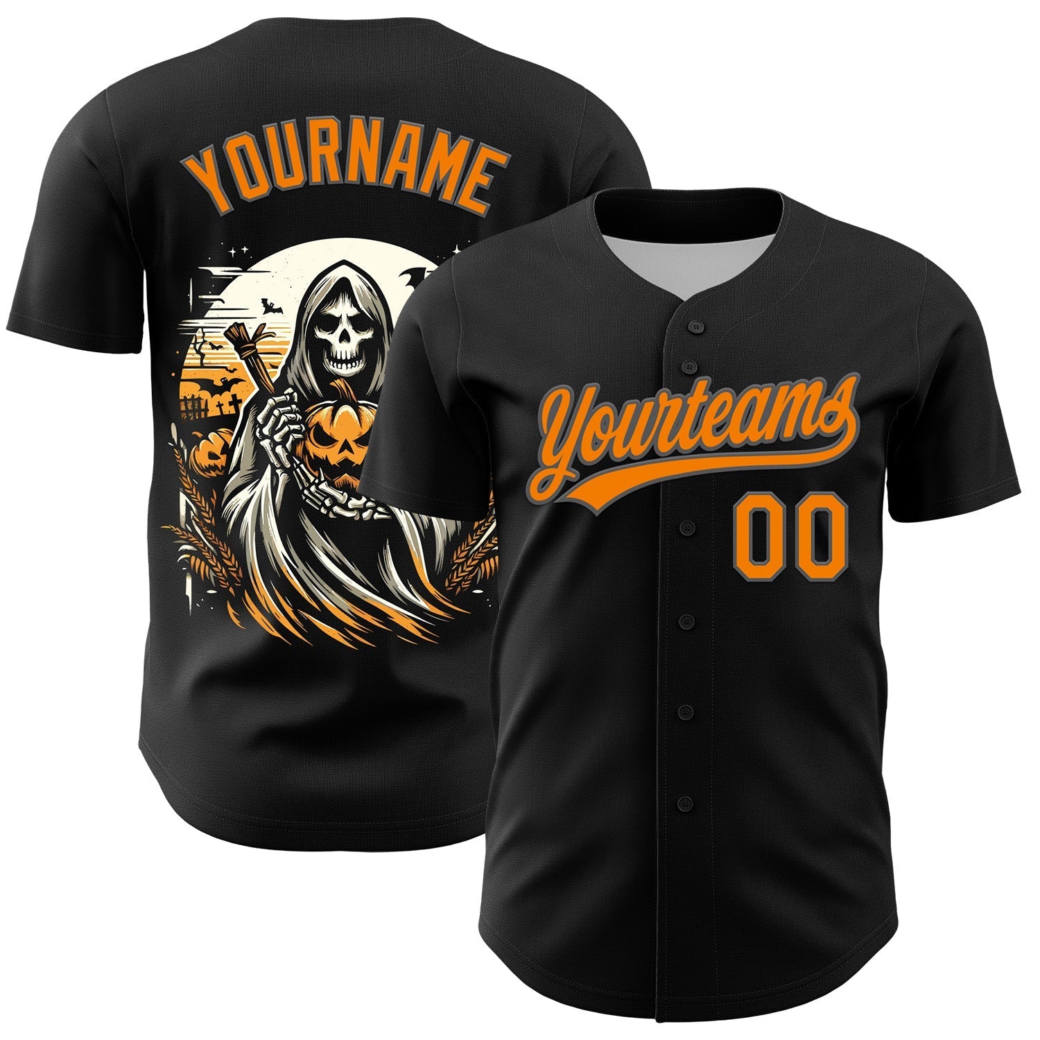 Custom Black Bay Orange-Steel Gray 3D Halloween Authentic Baseball Jersey baseball jersey product view 1