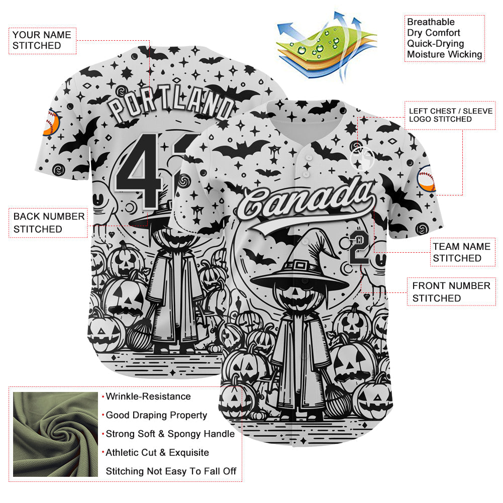 Custom White Black 3D Halloween Authentic Baseball Jersey baseball jersey product view 3