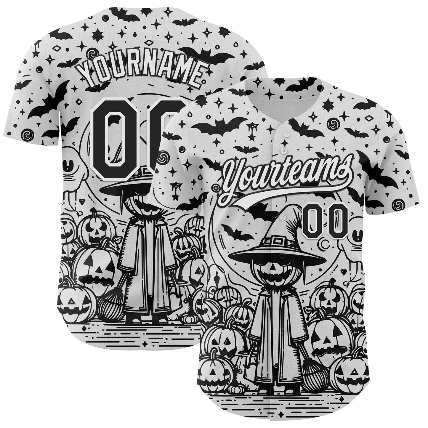 Custom White Black 3D Halloween Authentic Baseball Jersey baseball jersey product view 1