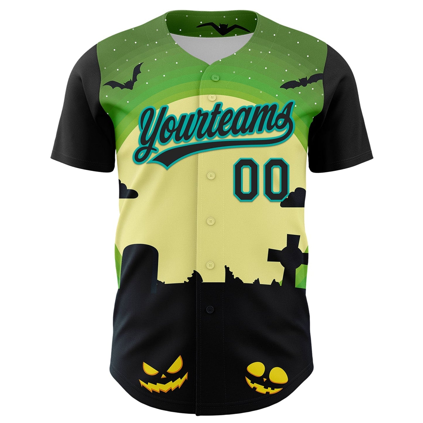 Custom Green Black-Aqua 3D Halloween Authentic Baseball Jersey baseball jersey product view 2