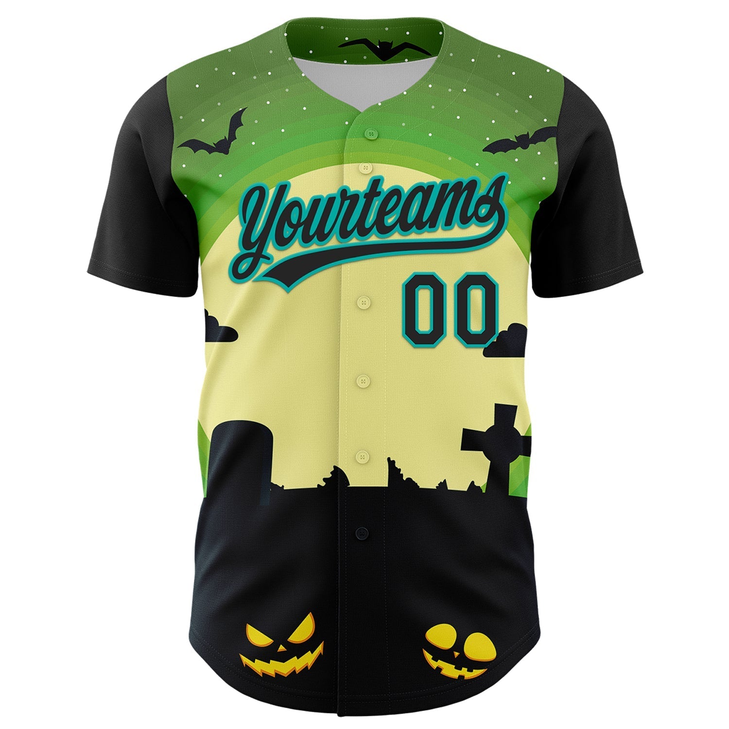 Custom Green Black-Aqua 3D Halloween Authentic Baseball Jersey baseball jersey product view 2
