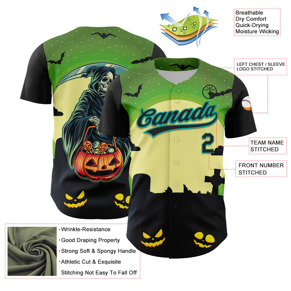 Custom Green Black-Aqua 3D Halloween Authentic Baseball Jersey baseball jersey product view 3