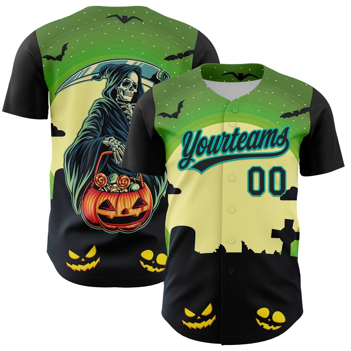 Custom Green Black-Aqua 3D Halloween Authentic Baseball Jersey baseball jersey product view 1