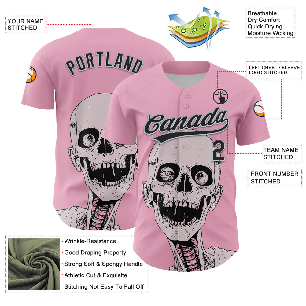 Custom Light Pink Black-Silver 3D Halloween Authentic Baseball Jersey baseball jersey product view 3