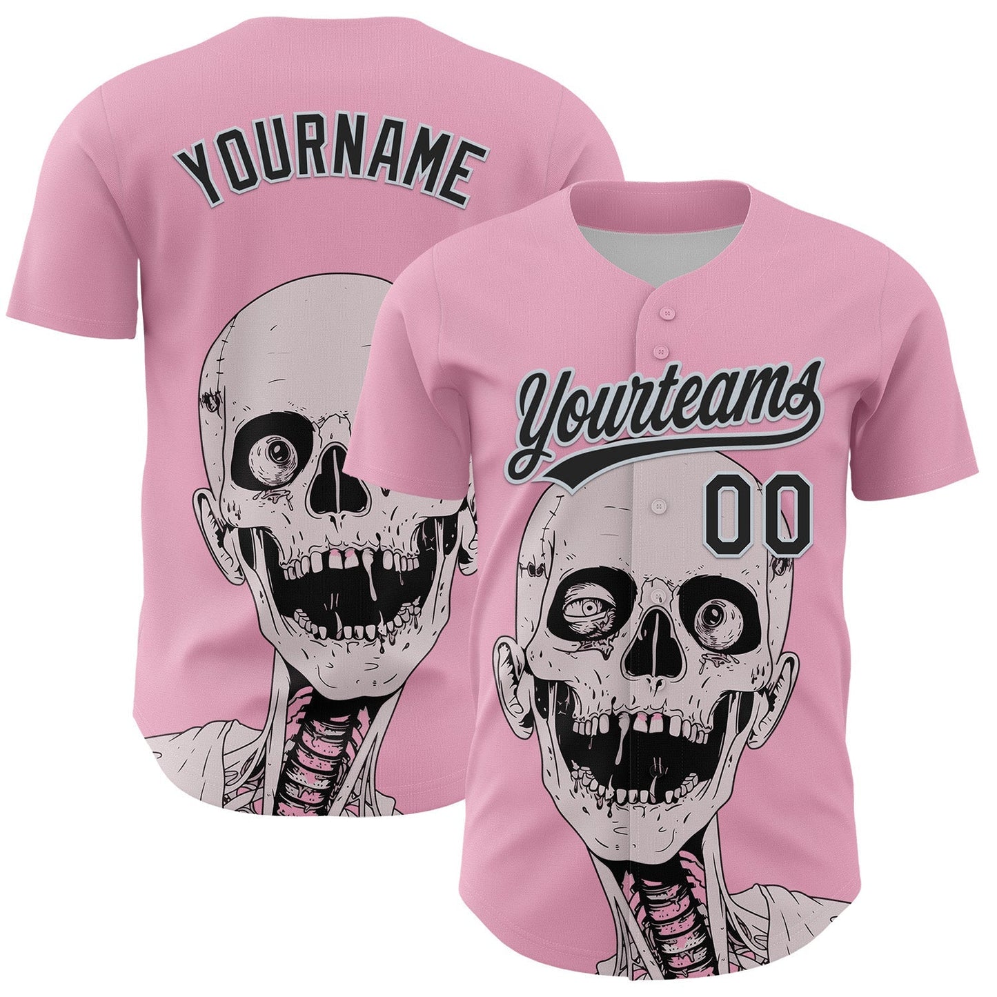 Custom Light Pink Black-Silver 3D Halloween Authentic Baseball Jersey baseball jersey product view 1