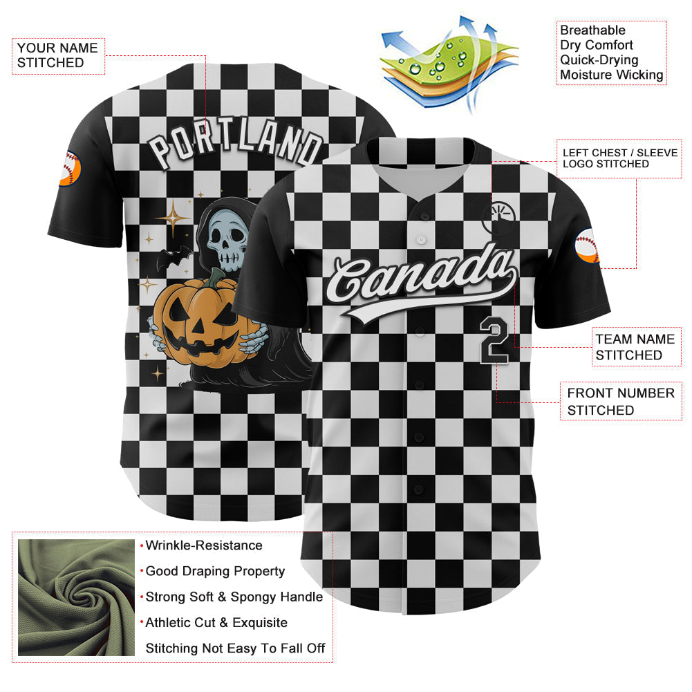 Custom Black White 3D Halloween Authentic Baseball Jersey baseball jersey product view 3