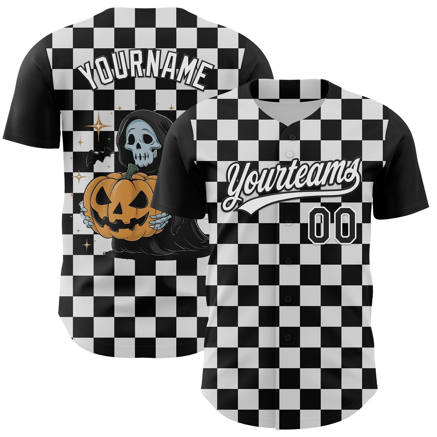 Custom Black White 3D Halloween Authentic Baseball Jersey baseball jersey product view 1