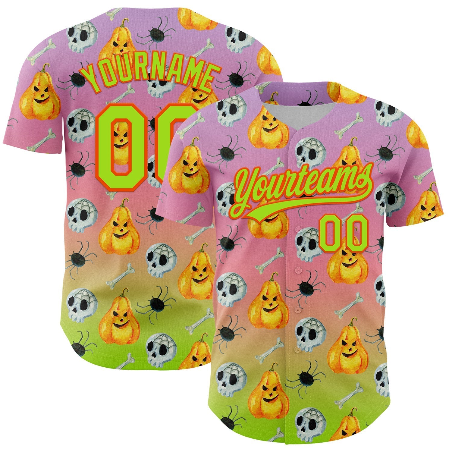 Custom Light Purple Neon Green Light Pink-Orange 3D Halloween Authentic Fade Baseball Jersey baseball jersey product view 1