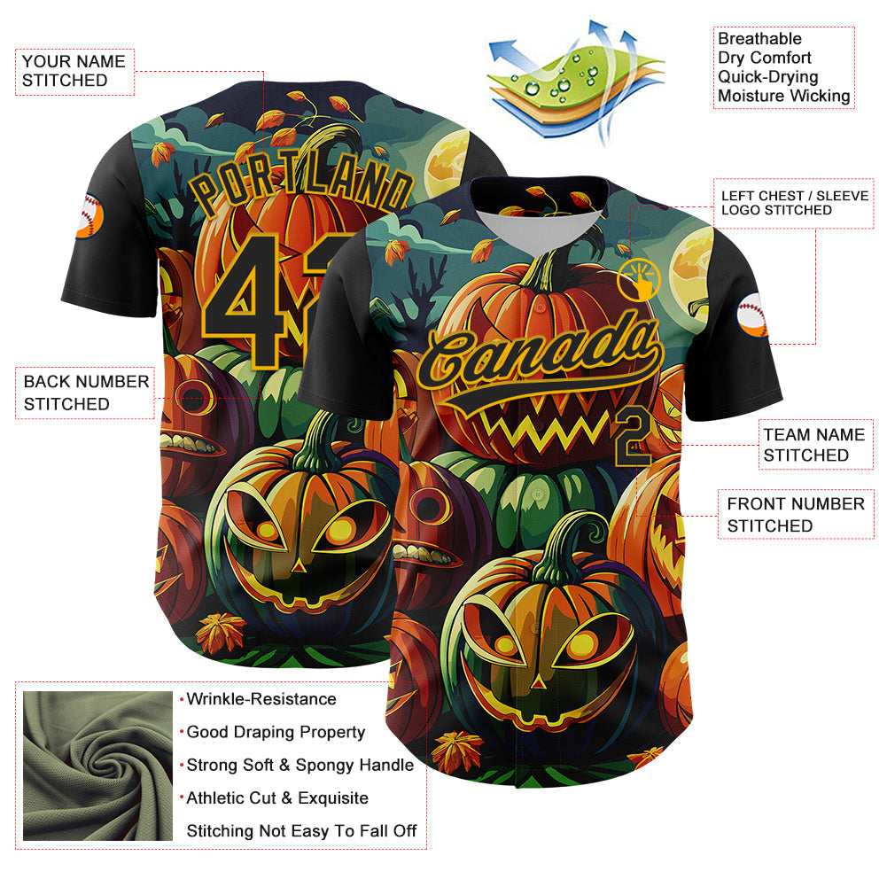 Custom Black Gold 3D Halloween Authentic Baseball Jersey baseball jersey product view 3