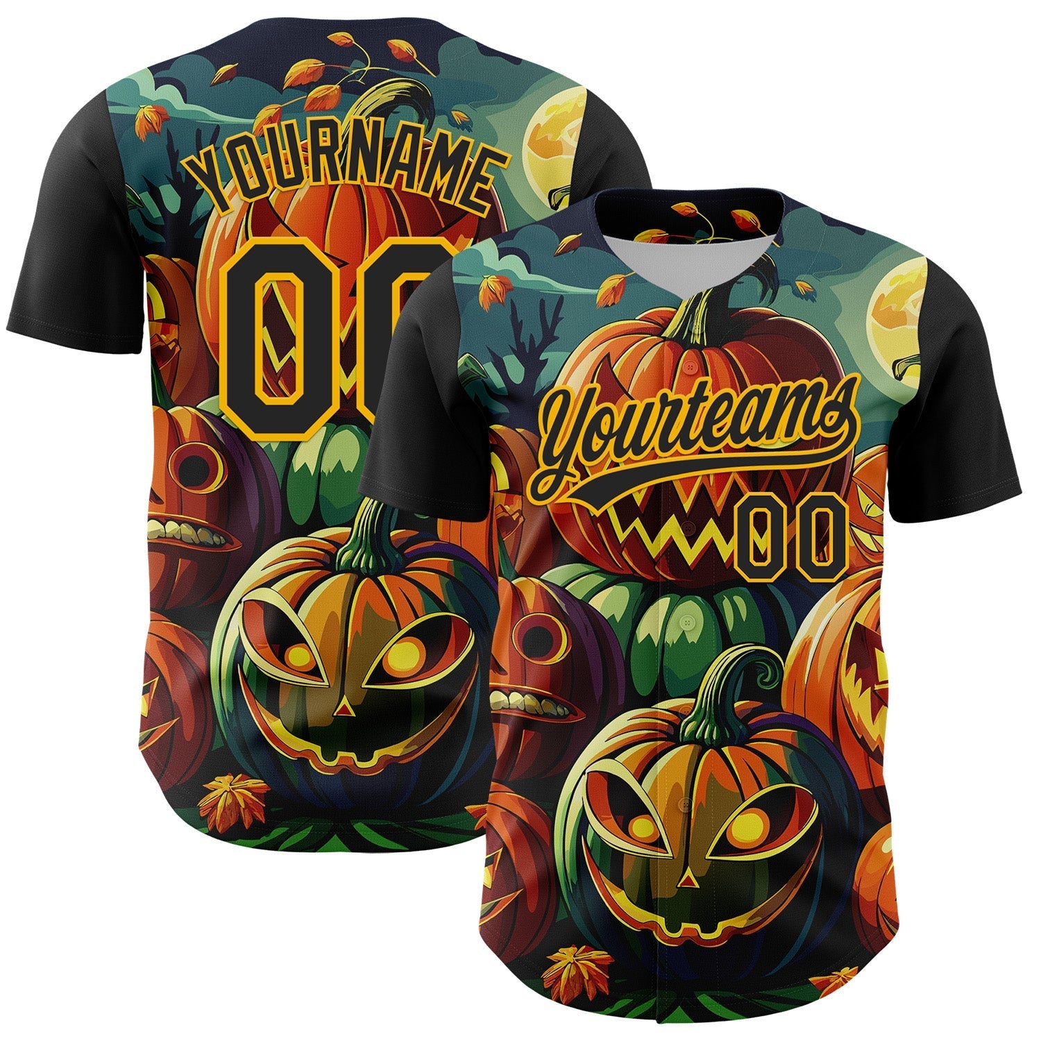 Custom Black Gold 3D Halloween Authentic Baseball Jersey baseball jersey product view 1