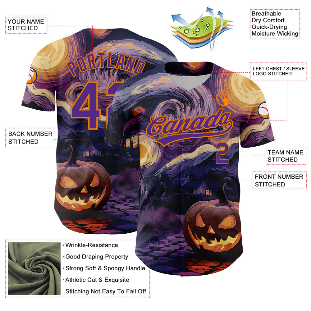 Custom Purple Bay Orange 3D Halloween Authentic Baseball Jersey baseball jersey product view 3