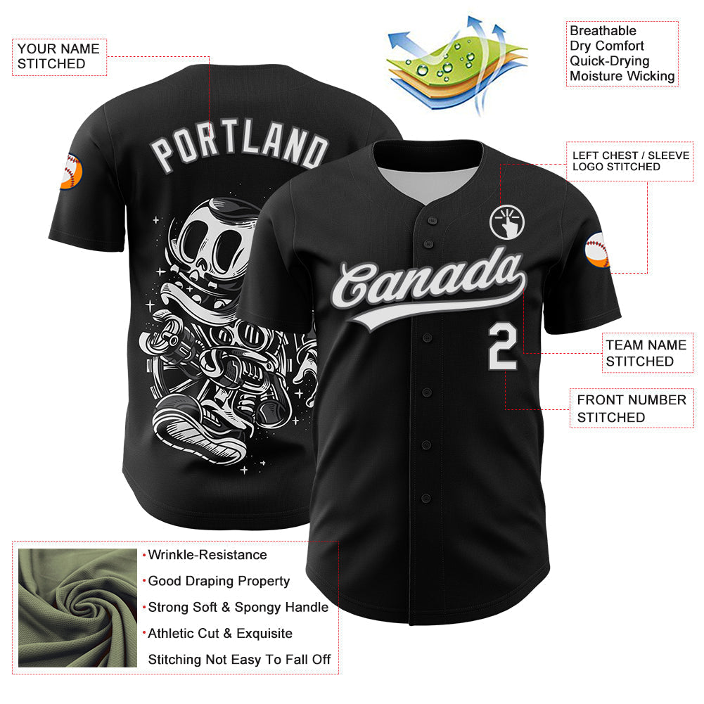 Custom Black White-Steel Gray 3D Halloween Authentic Baseball Jersey baseball jersey product view 3