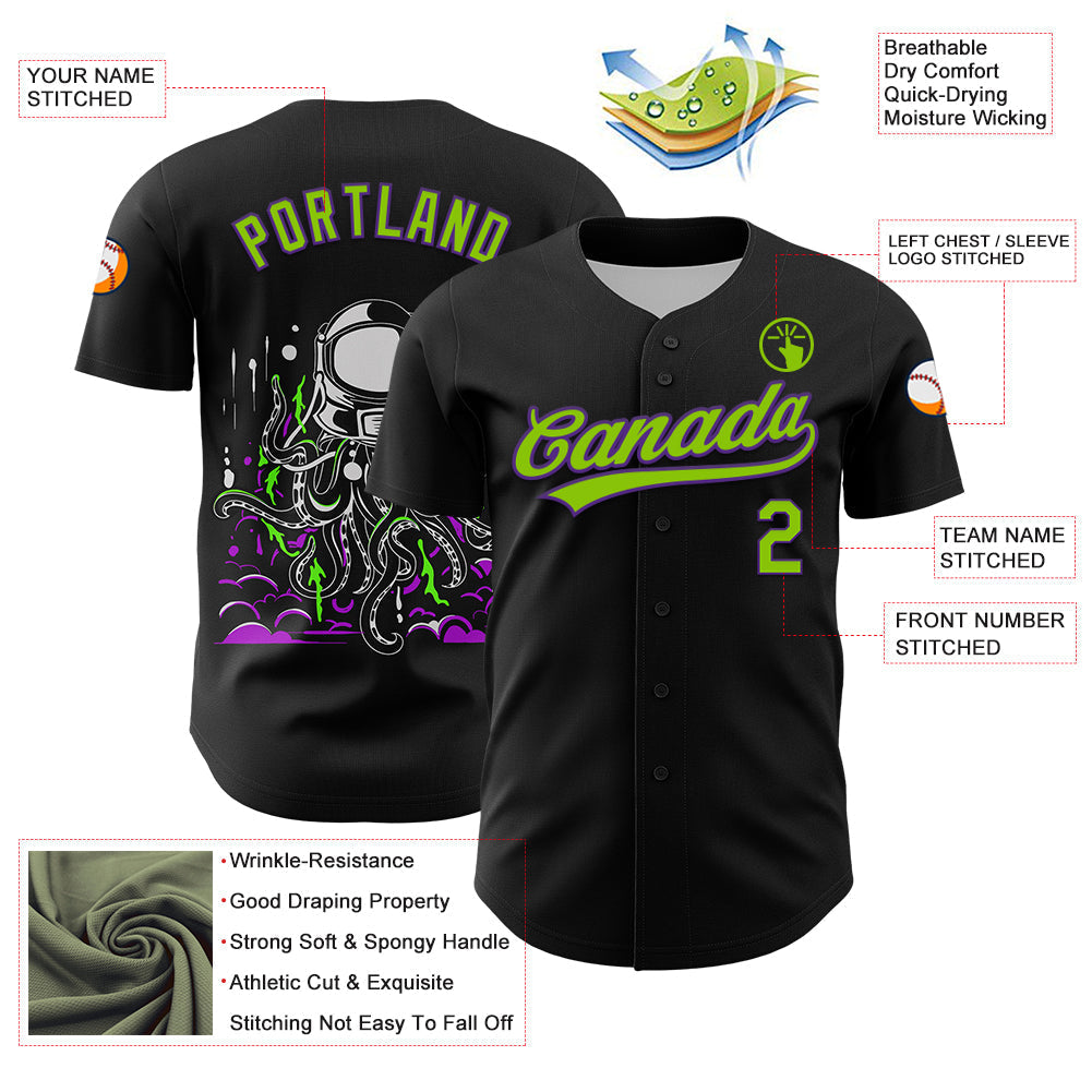 Custom Black Neon Green-Purple 3D Halloween Authentic Baseball Jersey baseball jersey product view 3