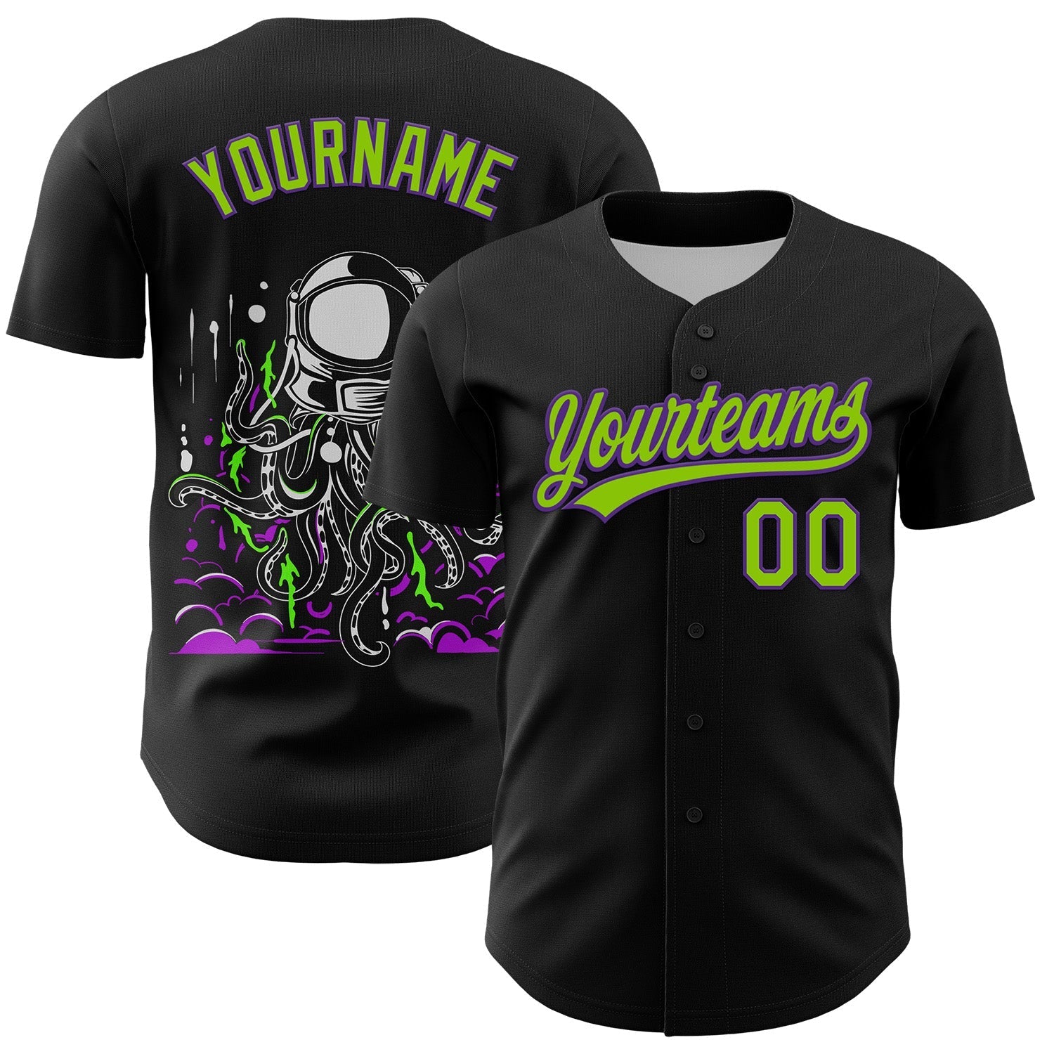 Custom Black Neon Green-Purple 3D Halloween Authentic Baseball Jersey baseball jersey product view 1