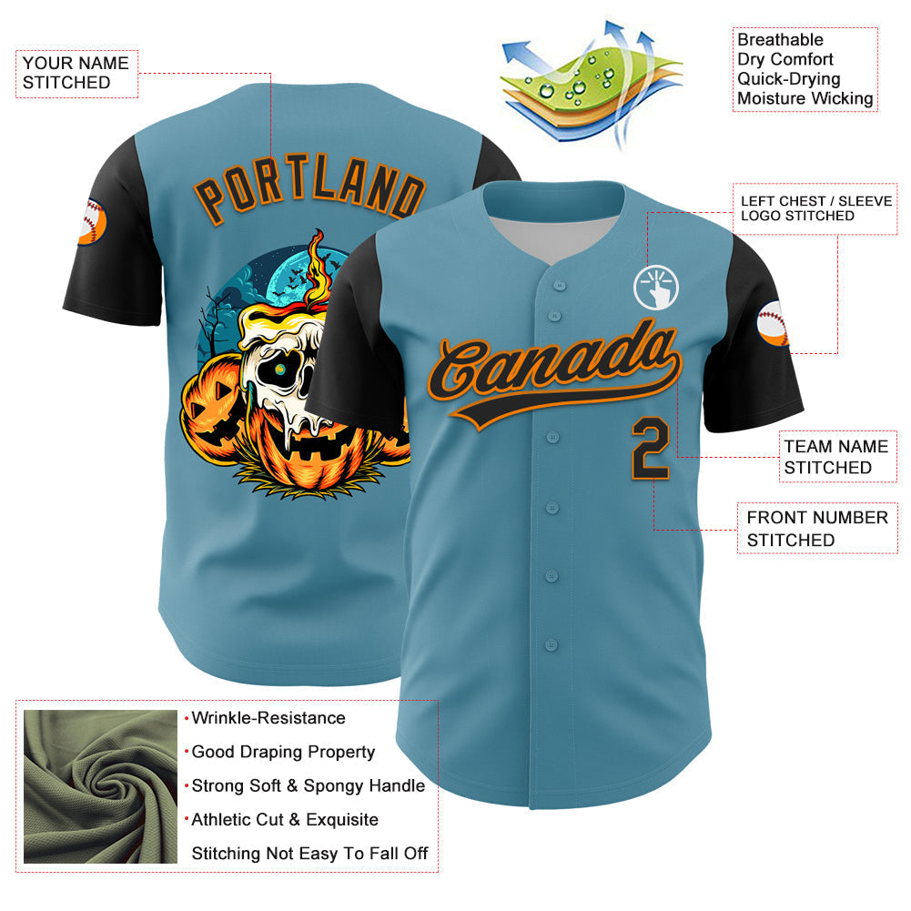 Custom Shadow Blue Black-Bay Orange 3D Halloween Authentic Baseball Jersey baseball jersey product view 3