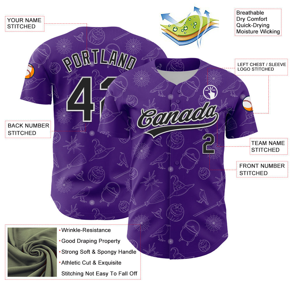 Custom Purple Black-White 3D Halloween Authentic Baseball Jersey baseball jersey product view 3