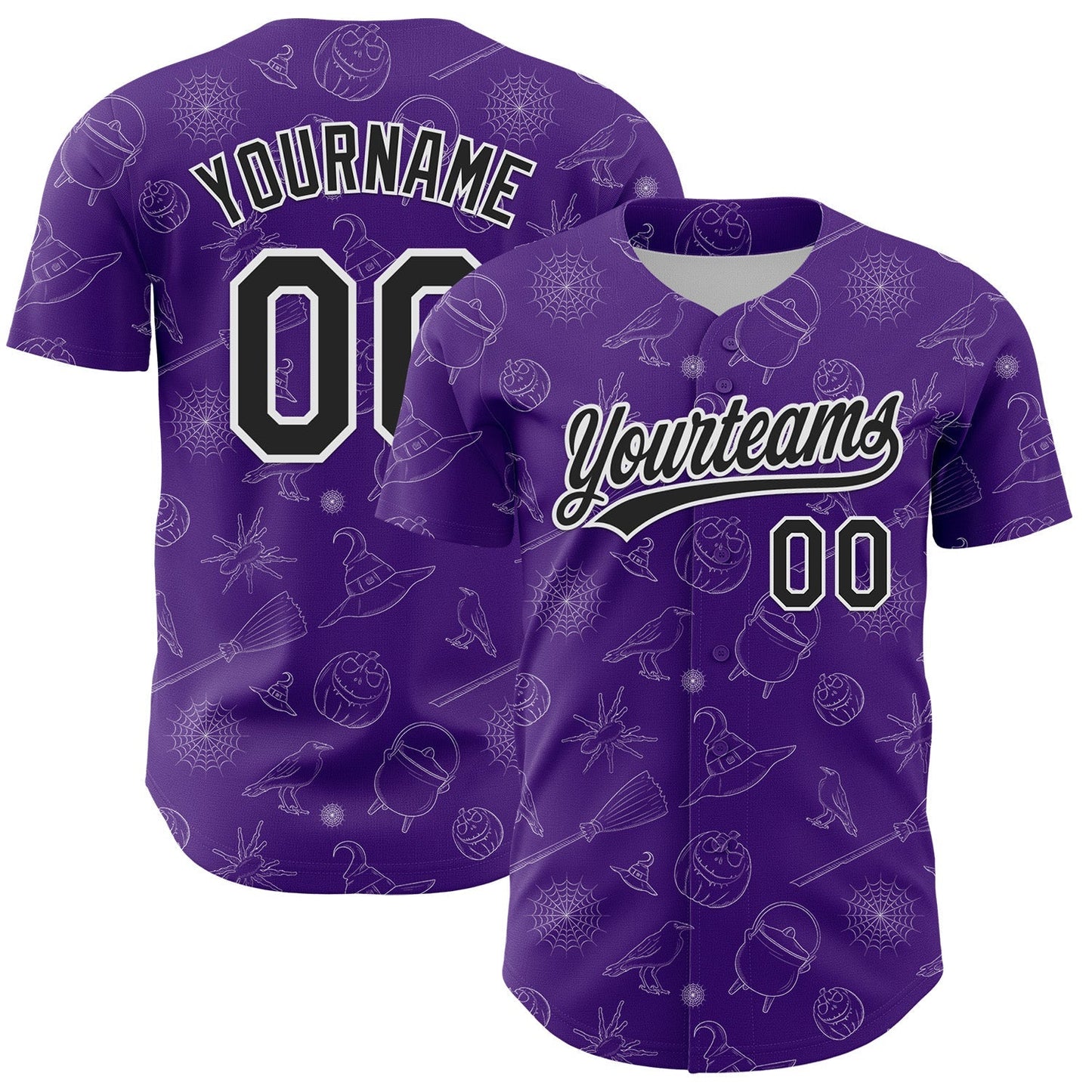 Custom Purple Black-White 3D Halloween Authentic Baseball Jersey baseball jersey product view 1