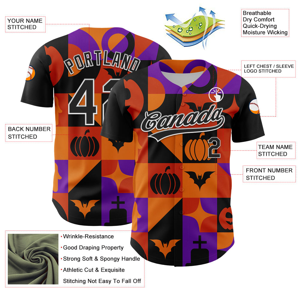 Custom Orange Black-Purple 3D Halloween Authentic Baseball Jersey baseball jersey product view 3