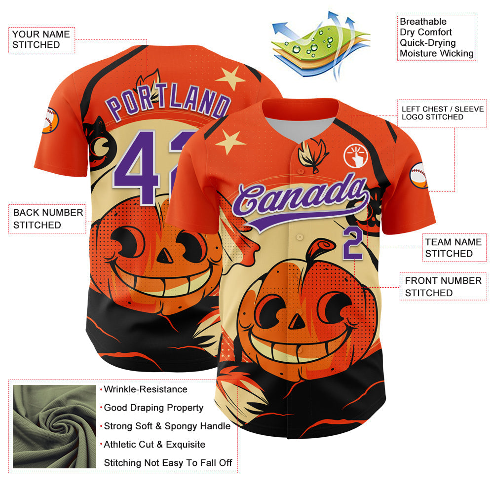 Custom Orange Purple-White 3D Halloween Authentic Baseball Jersey baseball jersey product view 3