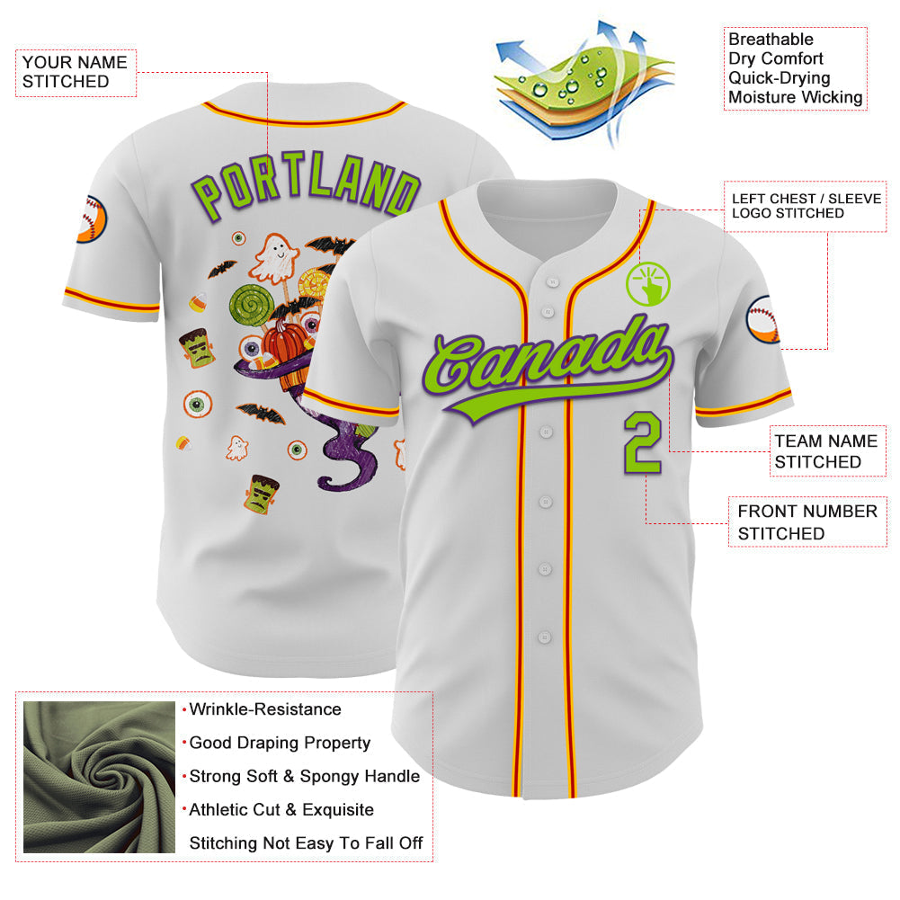 Custom White Neon Green Purple Gold-Red 3D Halloween Authentic Baseball Jersey baseball jersey product view 3