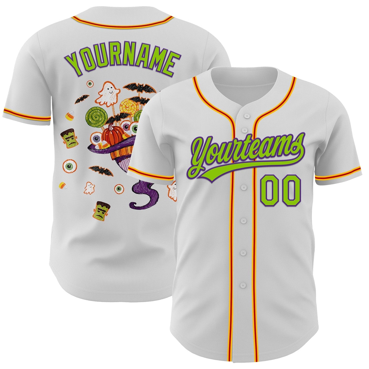 Custom White Neon Green Purple Gold-Red 3D Halloween Authentic Baseball Jersey baseball jersey product view 1