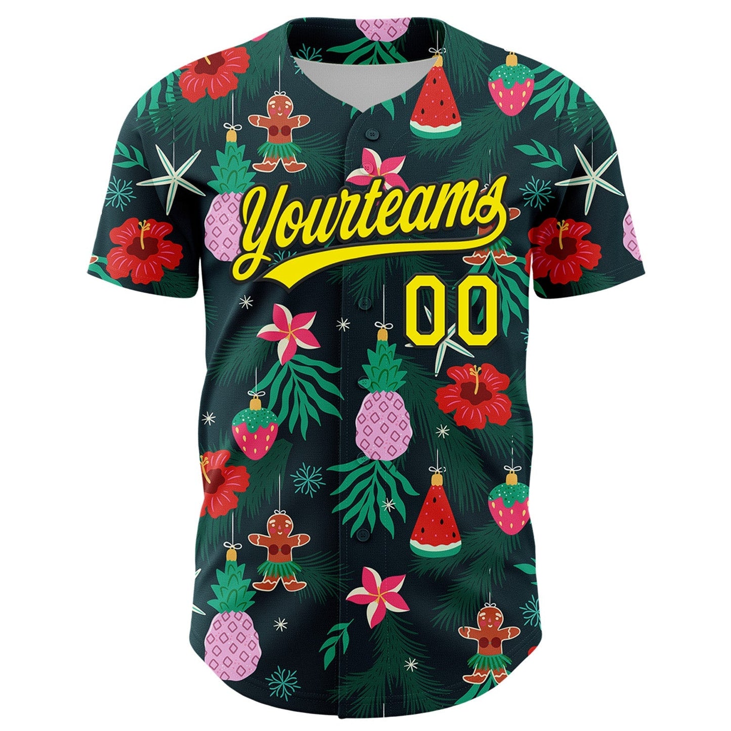 Custom Green Light Yellow-Black 3D Funny Christmas Authentic Baseball Jersey baseball jersey product view 2