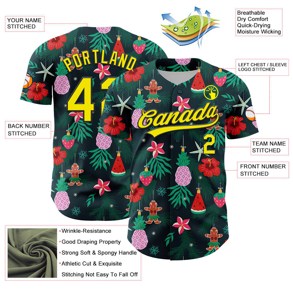 Custom Green Light Yellow-Black 3D Funny Christmas Authentic Baseball Jersey baseball jersey product view 3