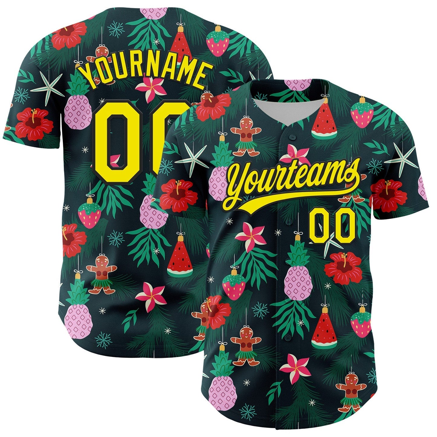 Custom Green Light Yellow-Black 3D Funny Christmas Authentic Baseball Jersey baseball jersey product view 1