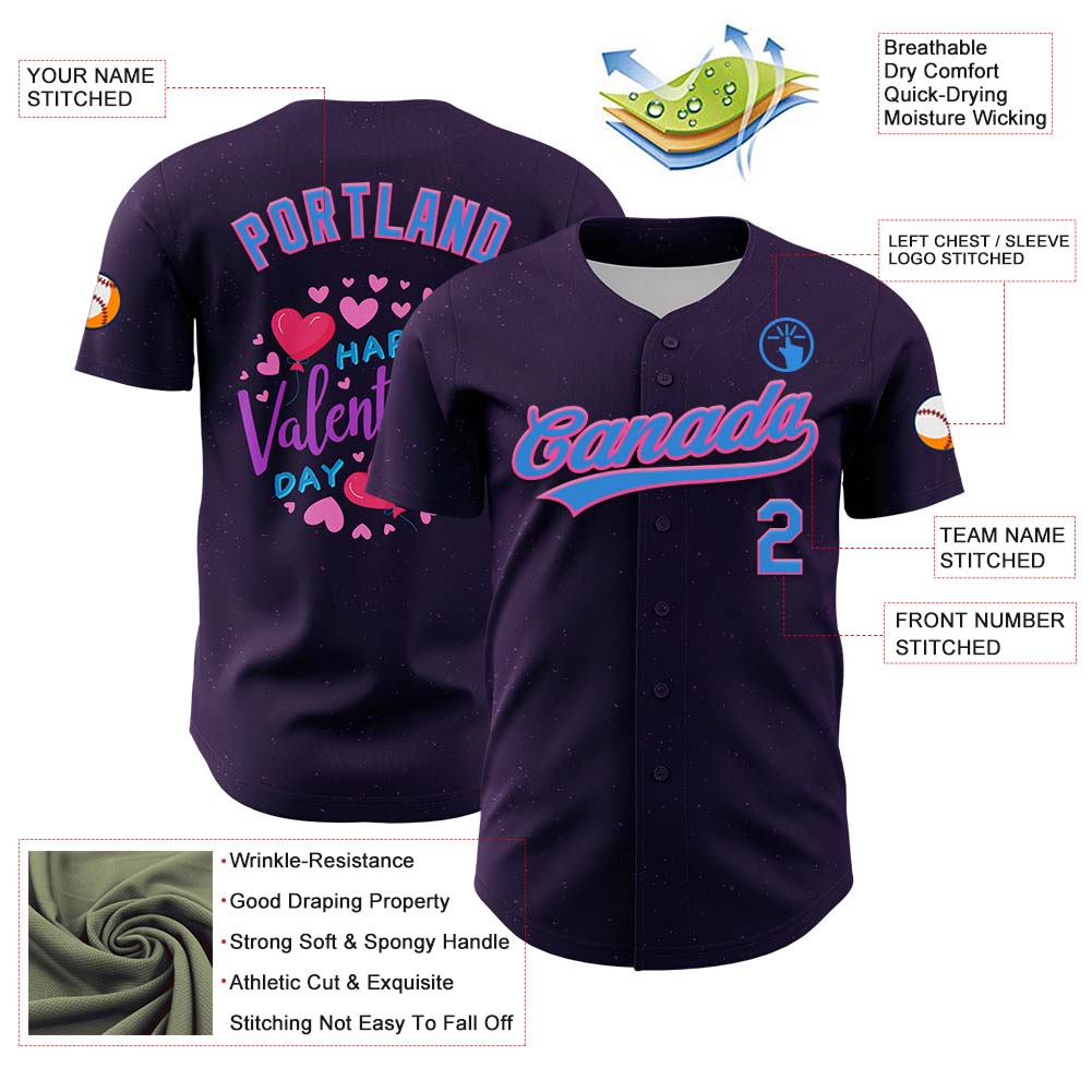 Custom Purple Electric Blue-Pink 3D Love Heart Valentine's Day Authentic Baseball Jersey baseball jersey product view 3