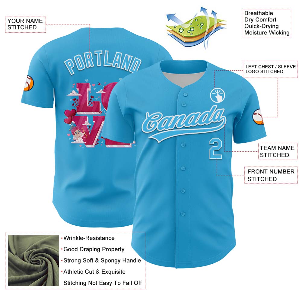 Custom Sky Blue White 3D Love Heart Valentine's Day Authentic Baseball Jersey baseball jersey product view 3