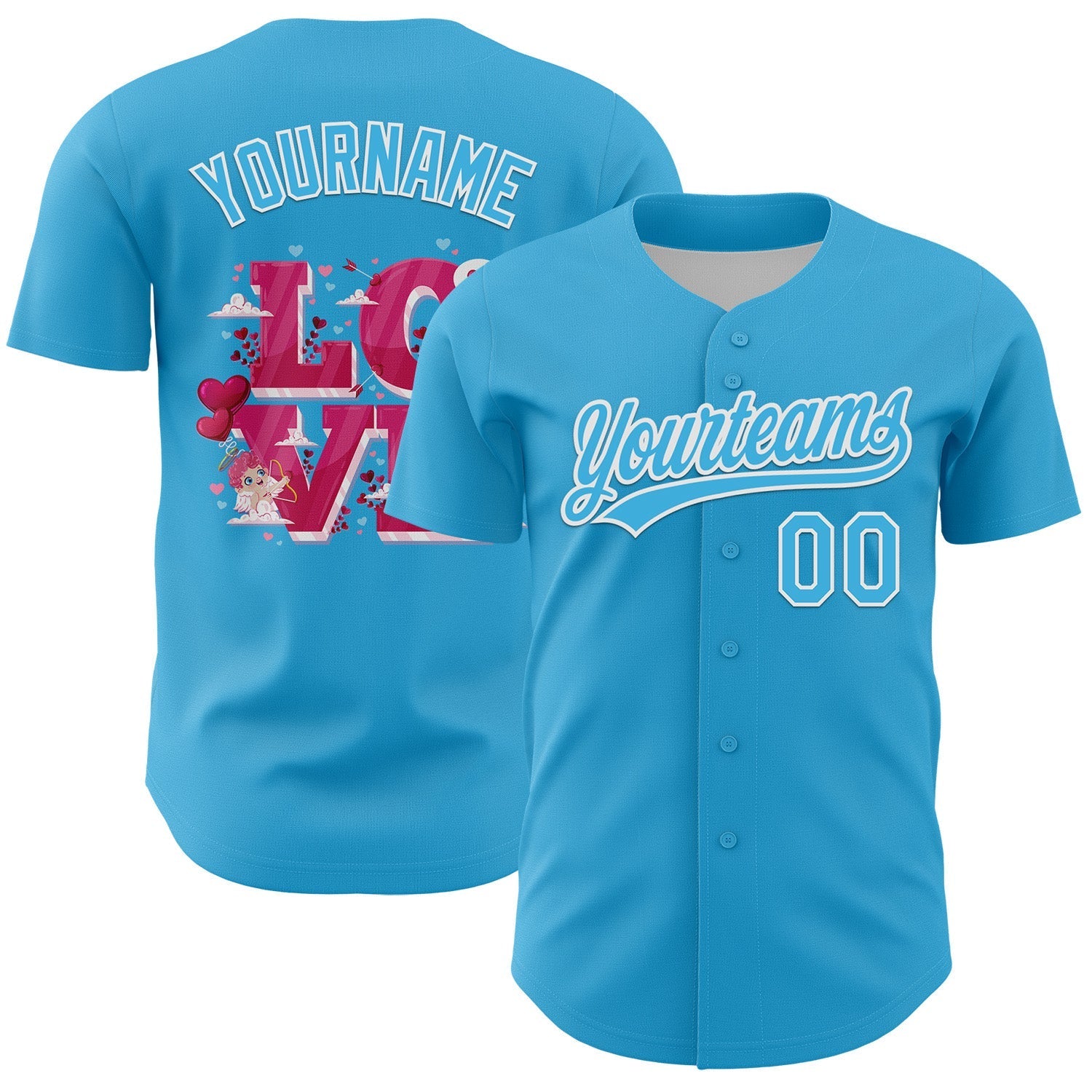 Custom Sky Blue White 3D Love Heart Valentine's Day Authentic Baseball Jersey baseball jersey product view 1