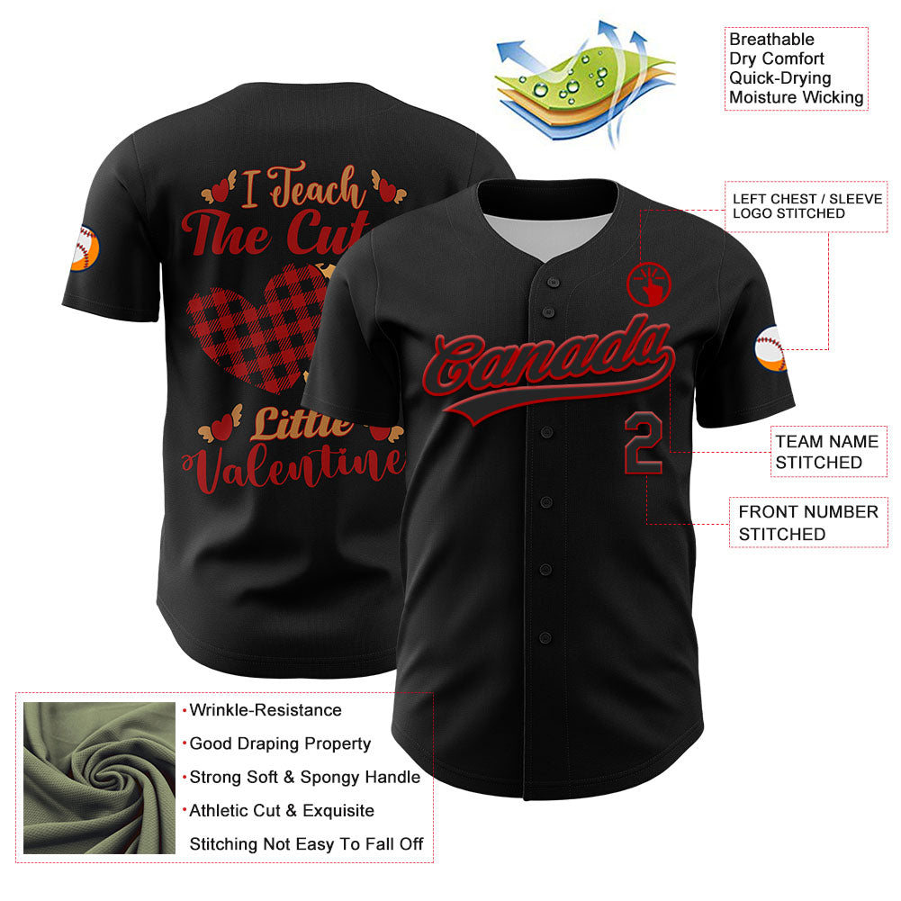 Custom Black Red 3D Love Heart Valentine's Day Authentic Baseball Jersey baseball jersey product view 3