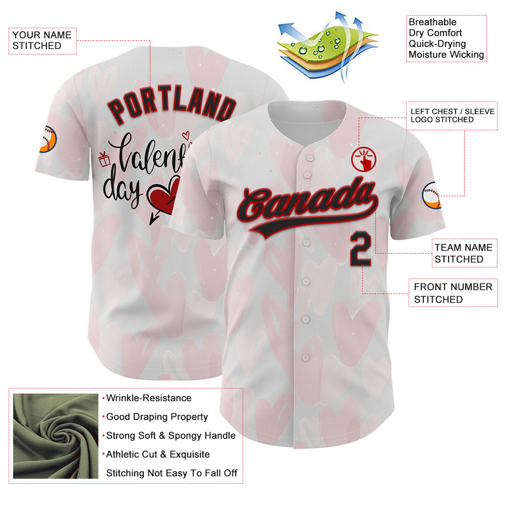 Custom White Red-Black 3D Love Heart Valentine's Day Authentic Baseball Jersey baseball jersey product view 3