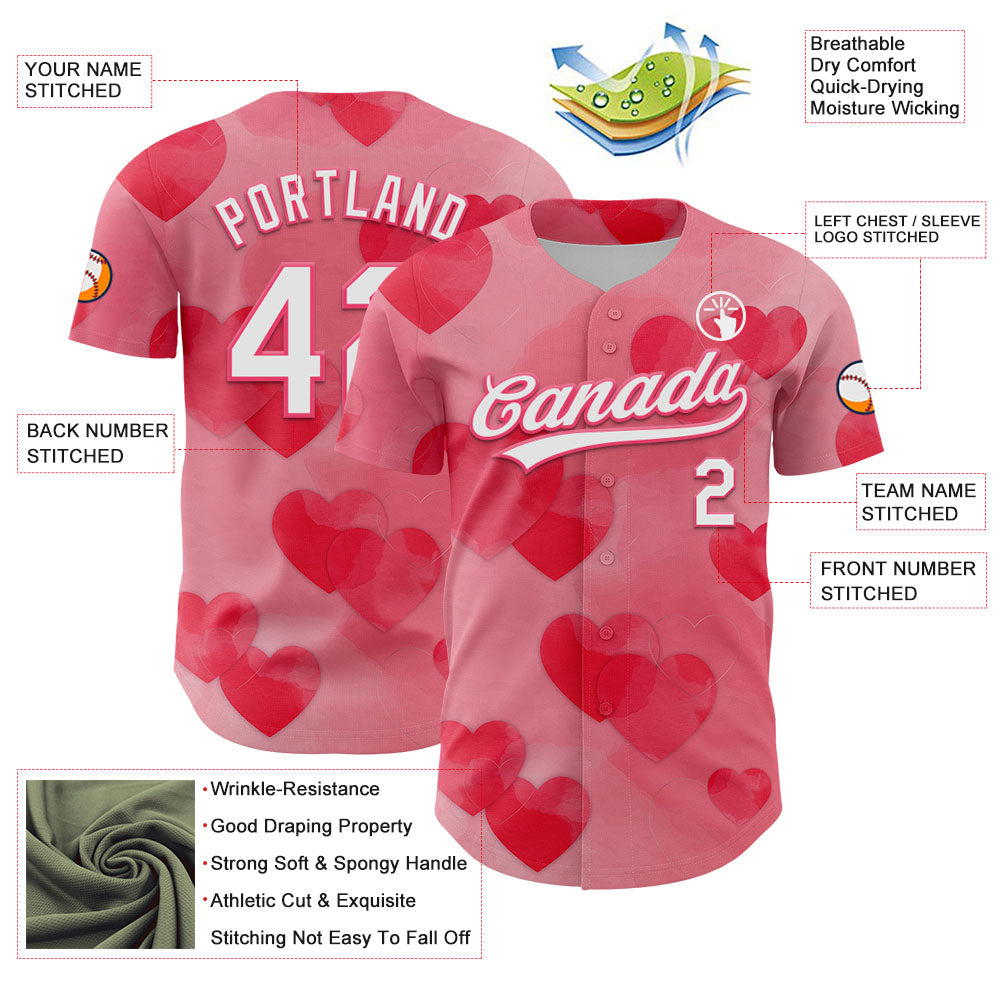 Custom Neon Pink White 3D Love Heart Valentine's Day Authentic Baseball Jersey baseball jersey product view 3