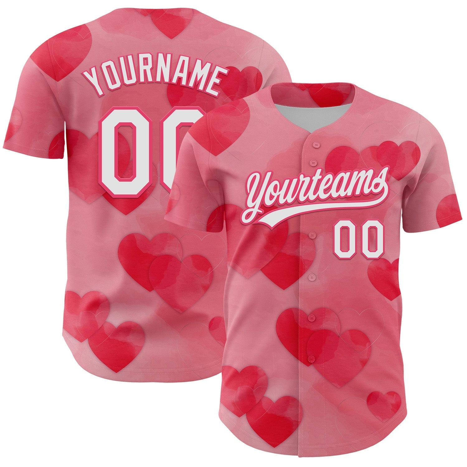 Custom Neon Pink White 3D Love Heart Valentine's Day Authentic Baseball Jersey baseball jersey product view 1