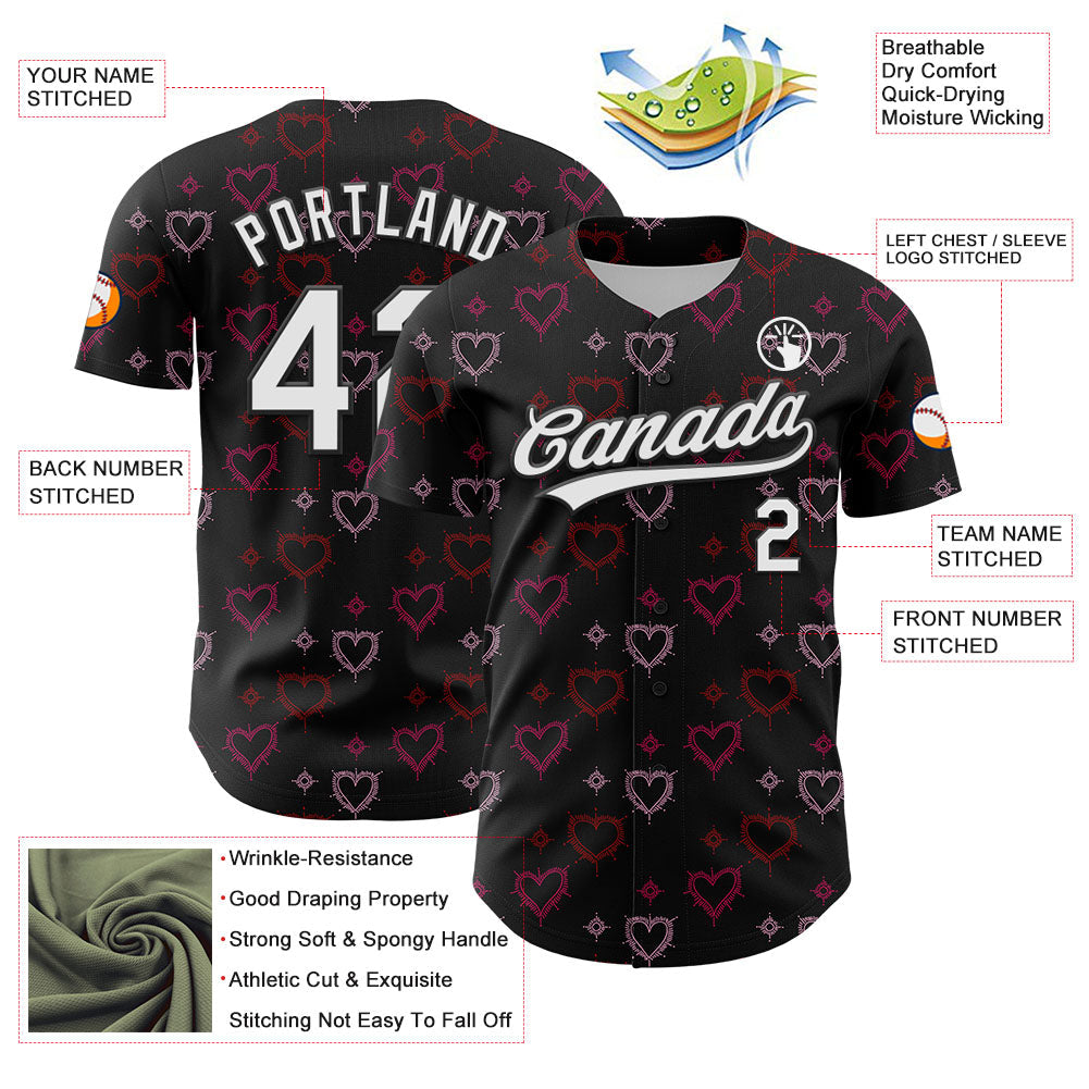 Custom Black White 3D Love Heart Valentine's Day Authentic Baseball Jersey baseball jersey product view 3