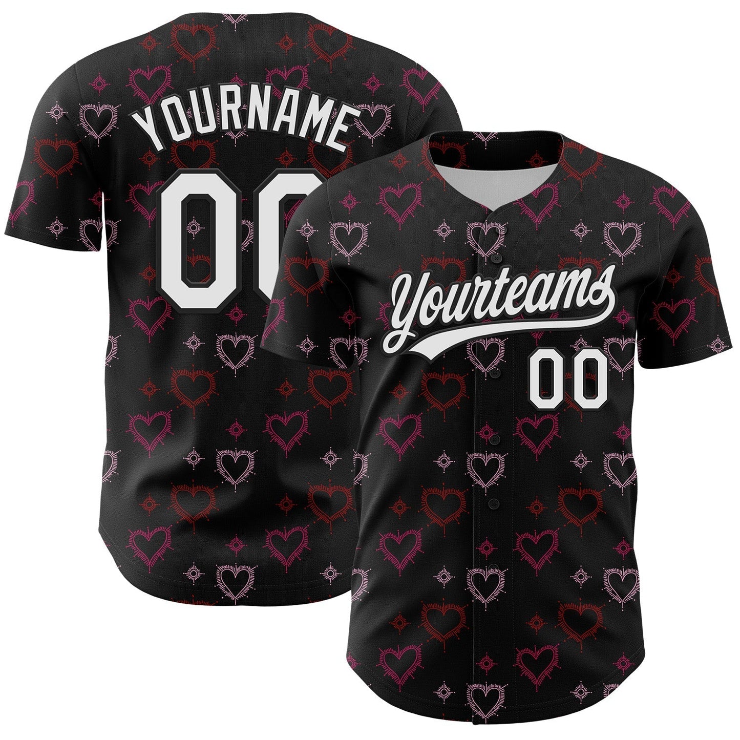 Custom Black White 3D Love Heart Valentine's Day Authentic Baseball Jersey baseball jersey product view 1