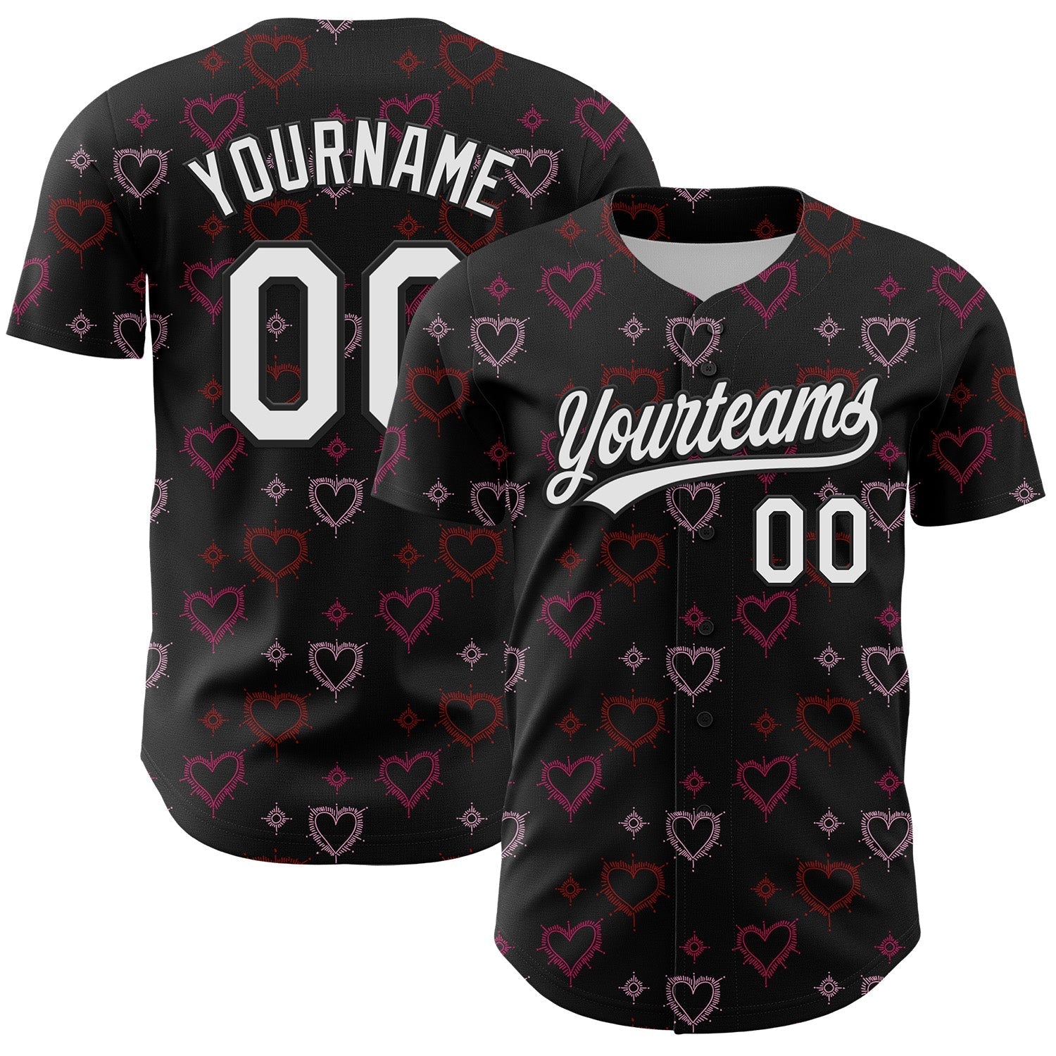 Custom Black White 3D Love Heart Valentine's Day Authentic Baseball Jersey baseball jersey product view 1