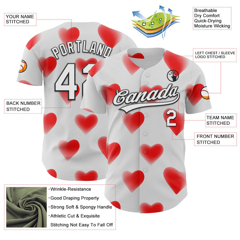 Custom White Black 3D Love Heart Valentine's Day Authentic Baseball Jersey baseball jersey product view 3