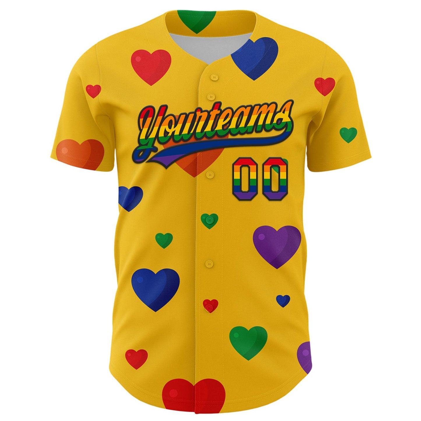 Custom Yellow Rainbow-Black 3D Love Heart Valentine's Day Authentic Baseball Jersey baseball jersey product view 2