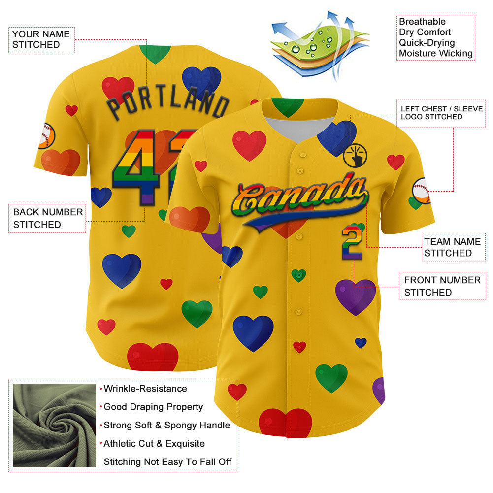 Custom Yellow Rainbow-Black 3D Love Heart Valentine's Day Authentic Baseball Jersey baseball jersey product view 3