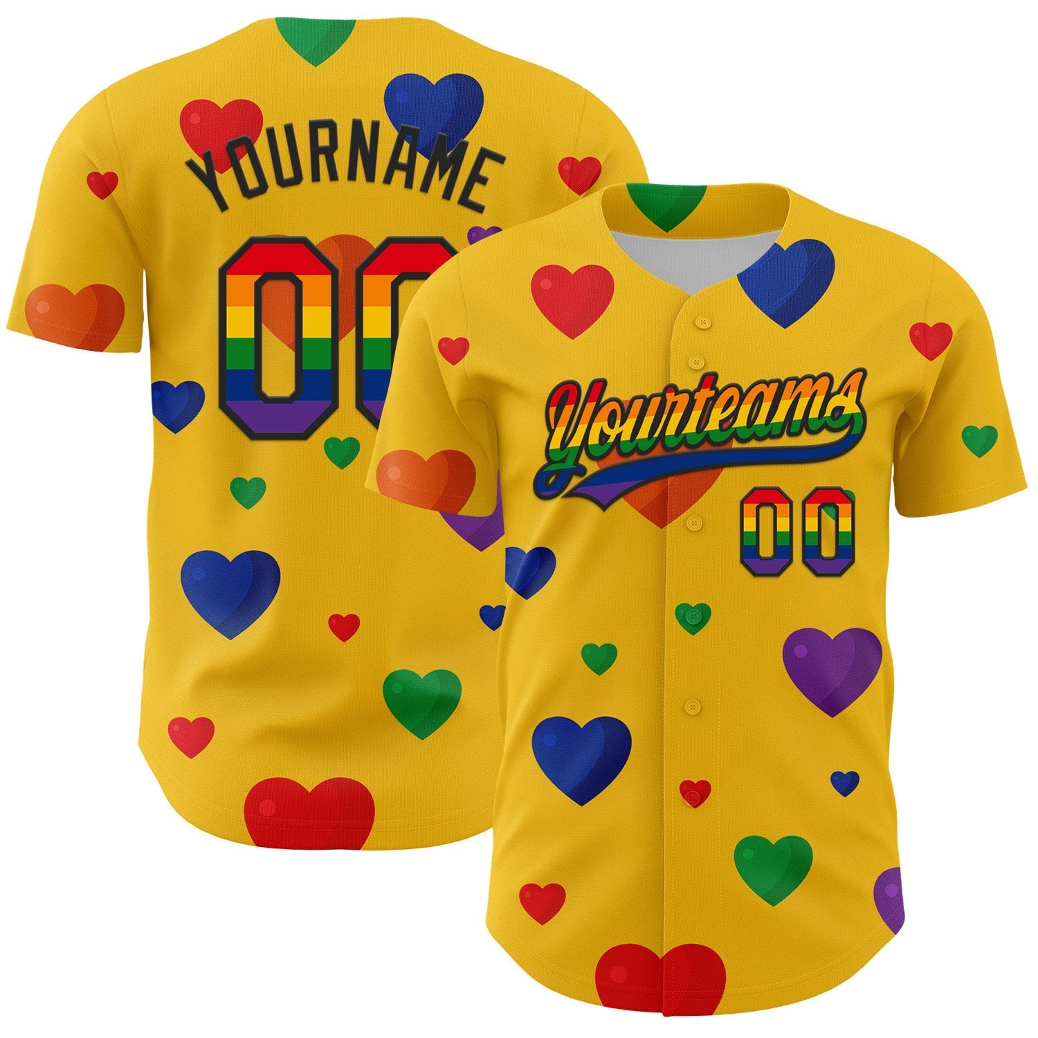 Custom Yellow Rainbow-Black 3D Love Heart Valentine's Day Authentic Baseball Jersey baseball jersey product view 1