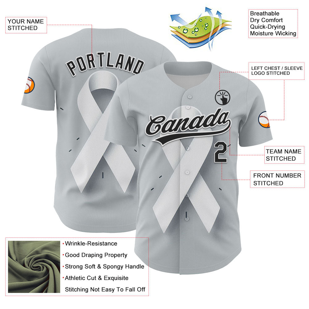 Custom Gray Black White 3D Lung Cancer Ribbon Authentic Baseball Jersey baseball jersey product view 3