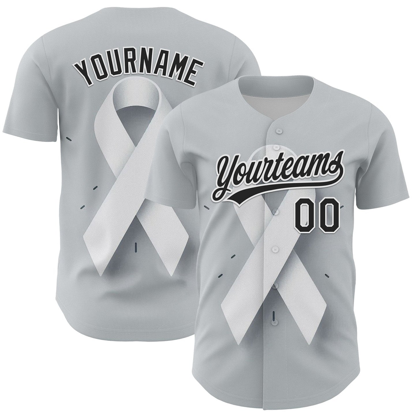Custom Gray Black White 3D Lung Cancer Ribbon Authentic Baseball Jersey baseball jersey product view 1