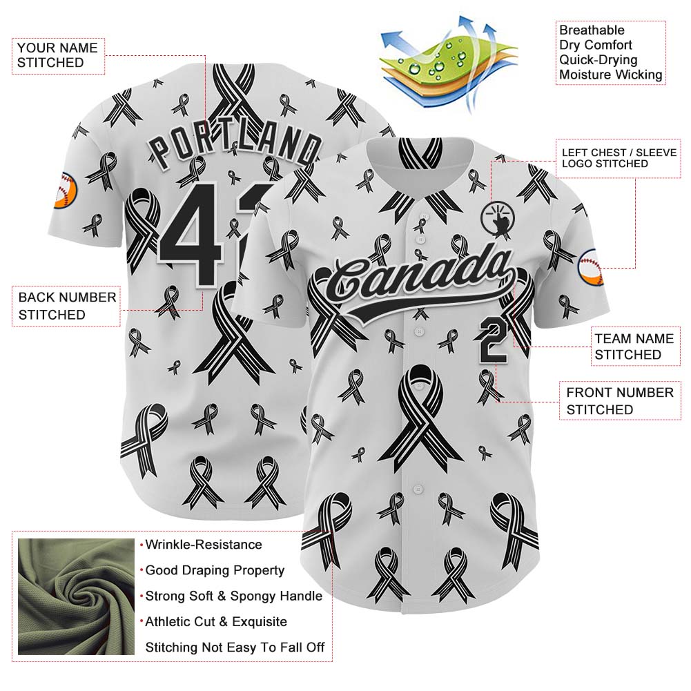 Custom White Black 3D Skin Cancer Ribbon Authentic Baseball Jersey baseball jersey product view 3