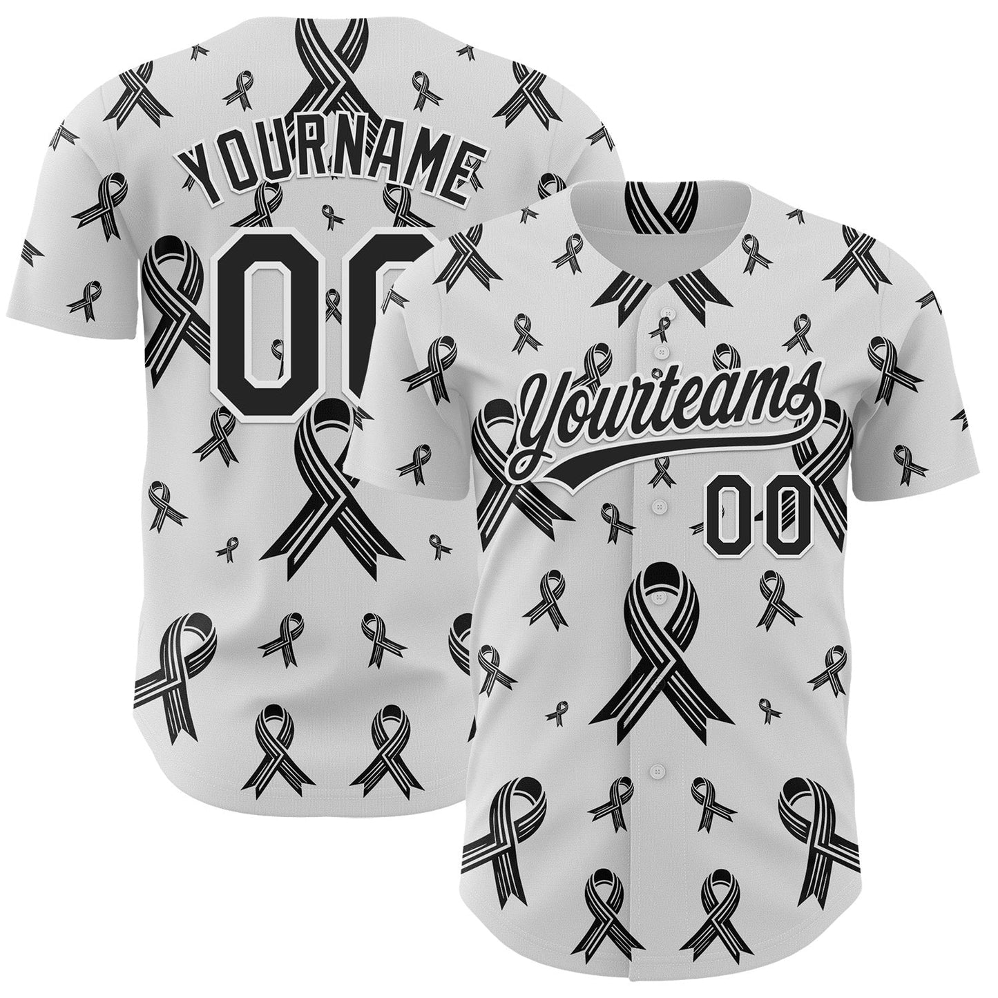 Custom White Black 3D Skin Cancer Ribbon Authentic Baseball Jersey baseball jersey product view 1